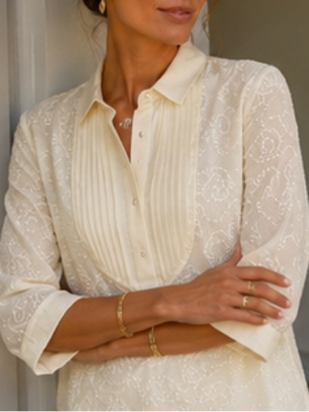 J. McLaughlin Colette silk tunic cream pintuck Swiss dot 3/4 sleeves Size S - Picture 2 of 12